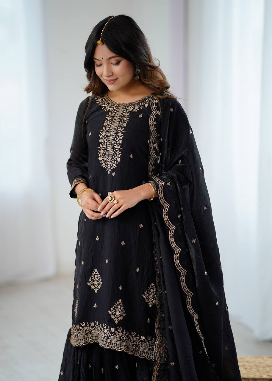 Gorgeous Black Color Embroidered Designer Sharara Suit