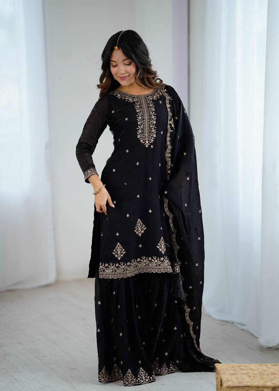 Gorgeous Black Color Embroidered Designer Sharara Suit