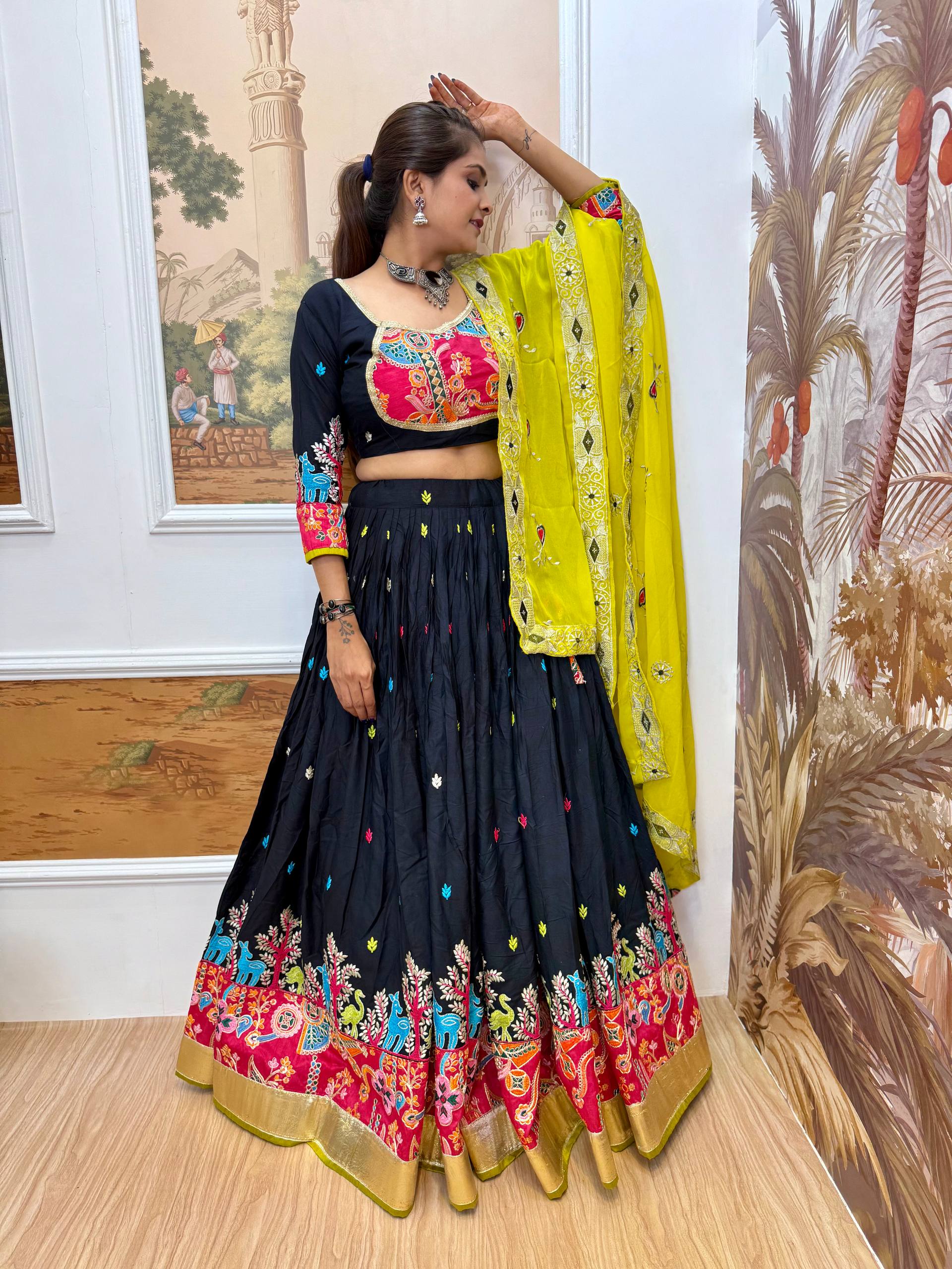 Garba Night Wear Black Color Embroidery Ready To Wear Lehenga Set