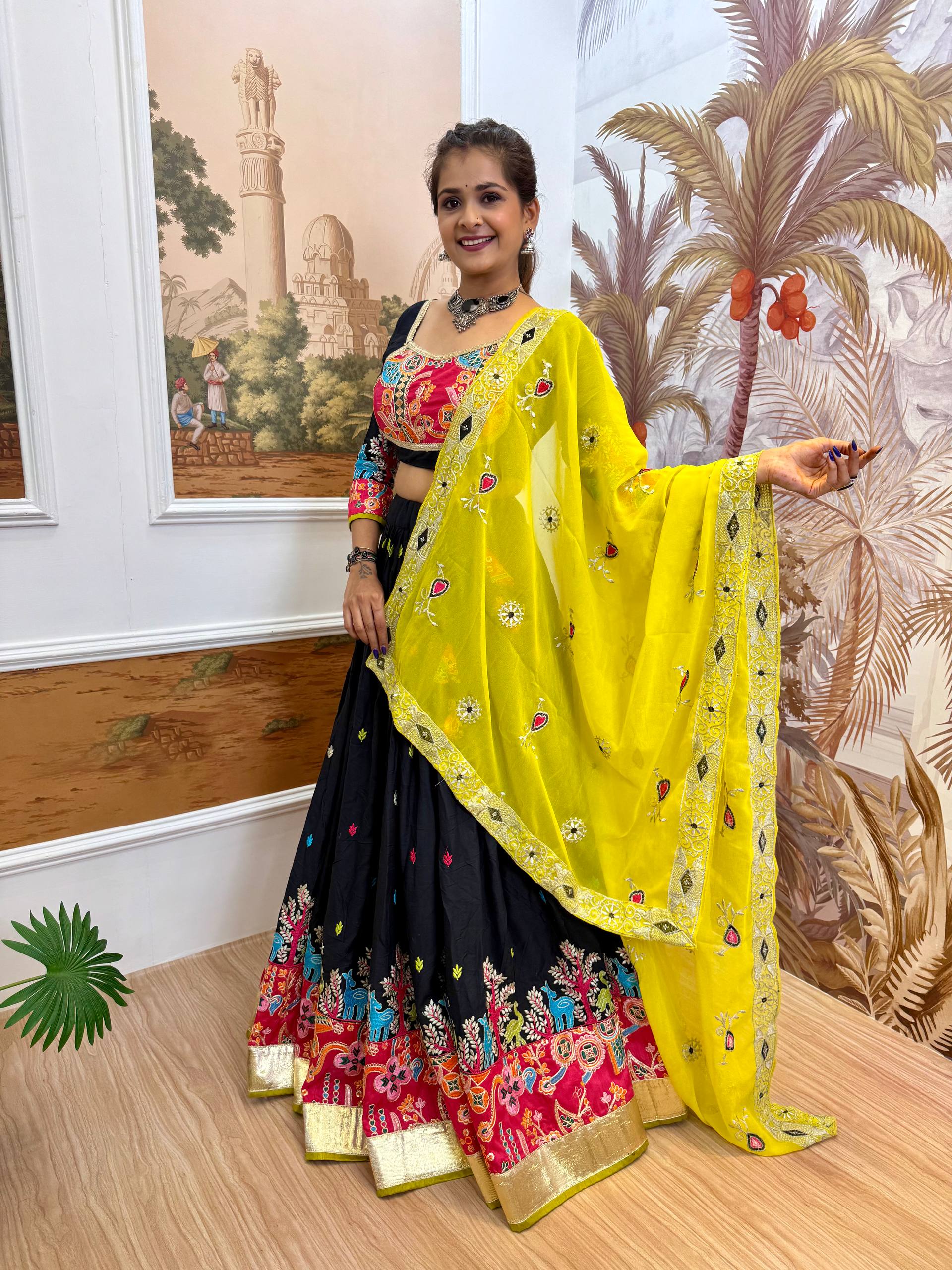 Garba Night Wear Black Color Embroidery Ready To Wear Lehenga Set