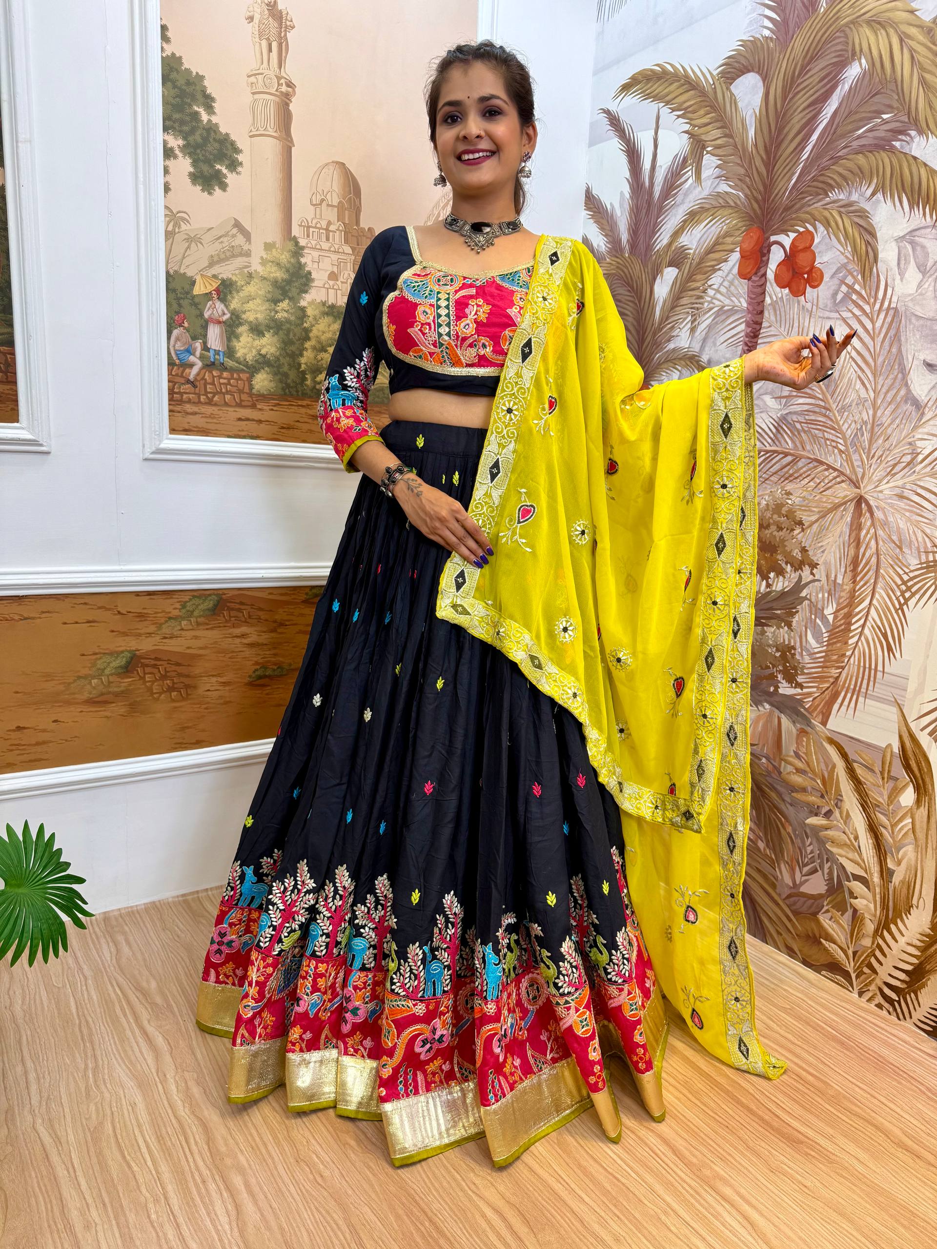 Garba Night Wear Black Color Embroidery Ready To Wear Lehenga Set