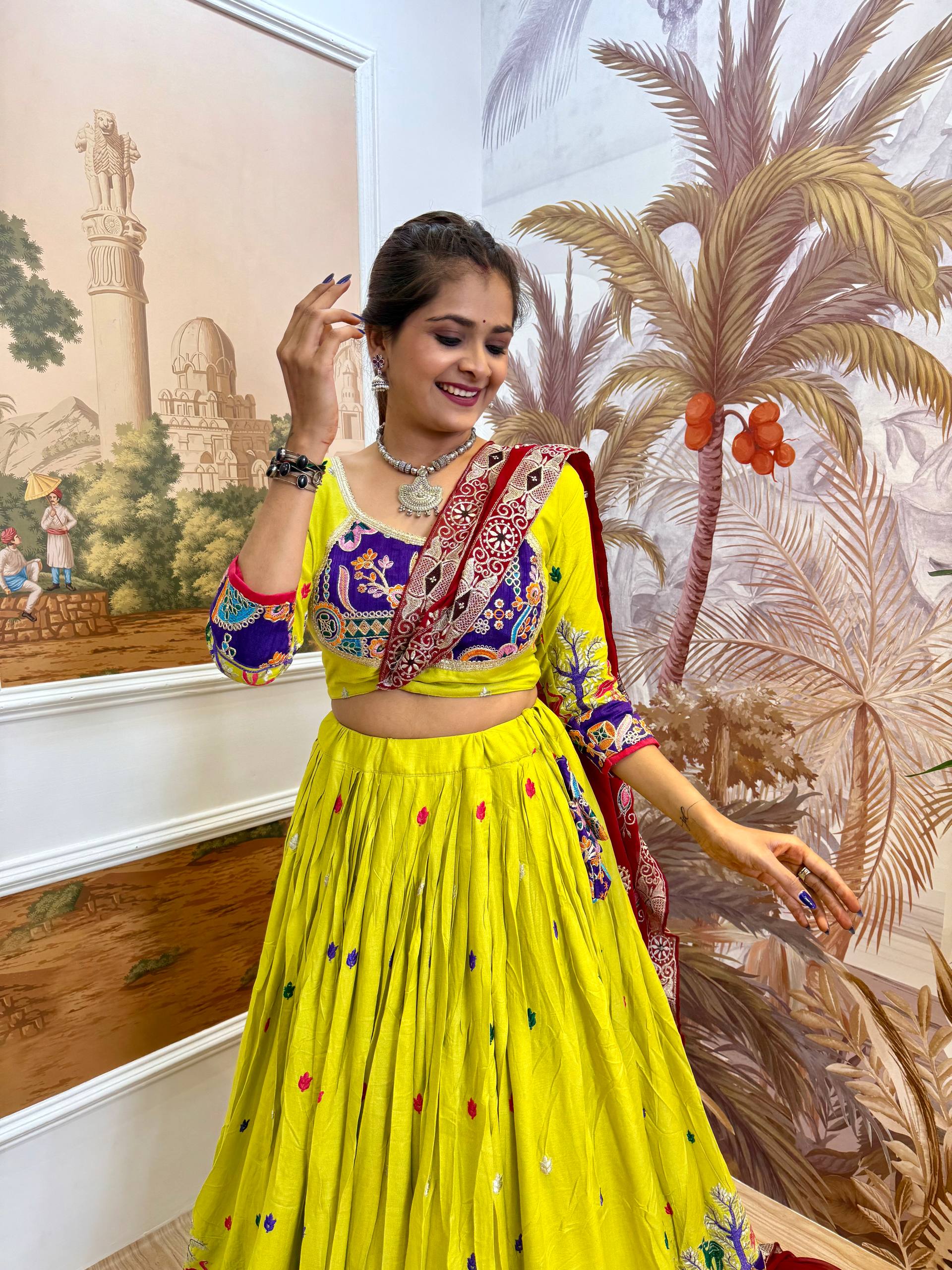 Garba Night Wear Yellow Color Embroidery Ready To Wear Lehenga Set