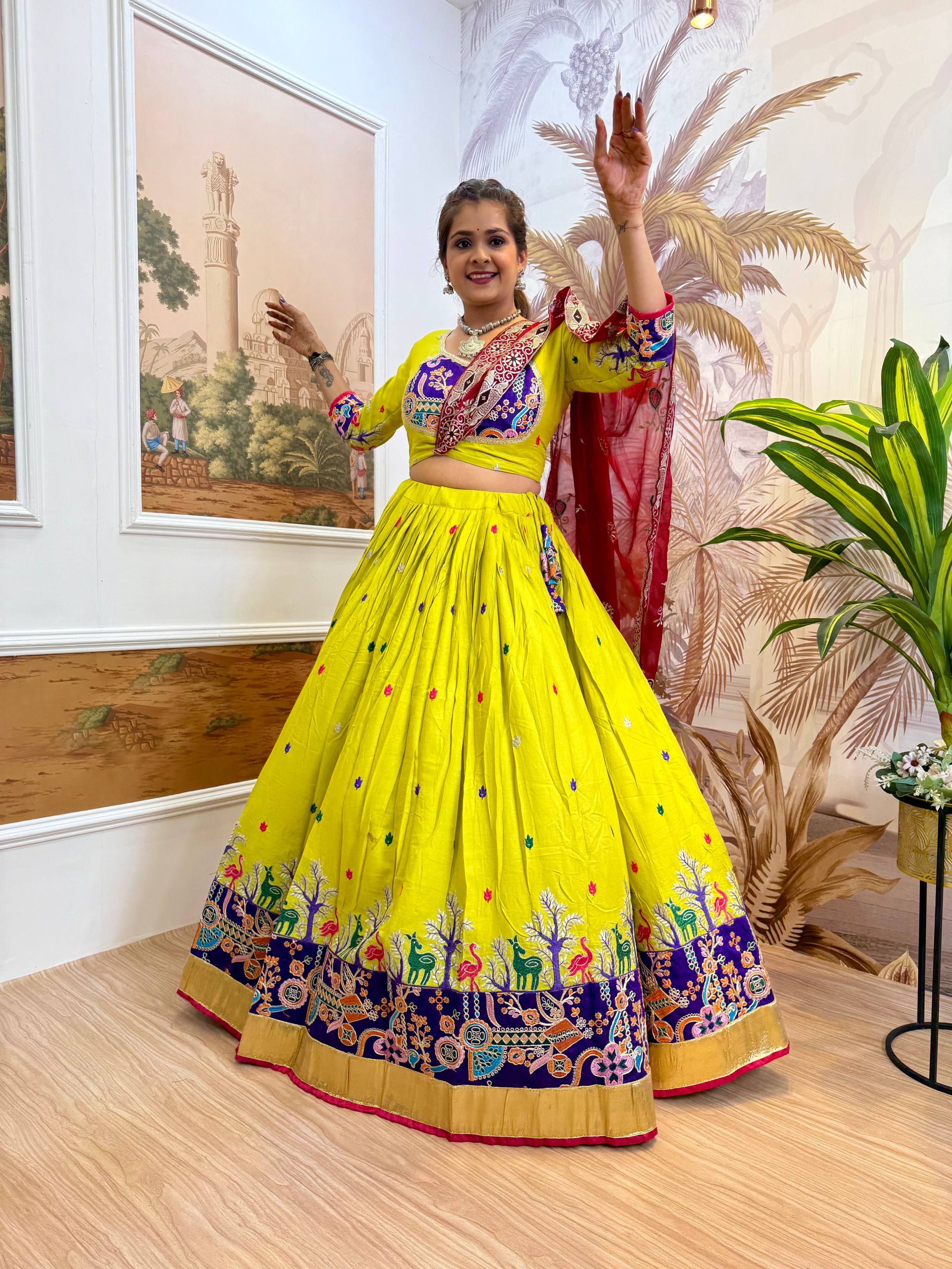 Garba Night Wear Yellow Color Embroidery Ready To Wear Lehenga Set