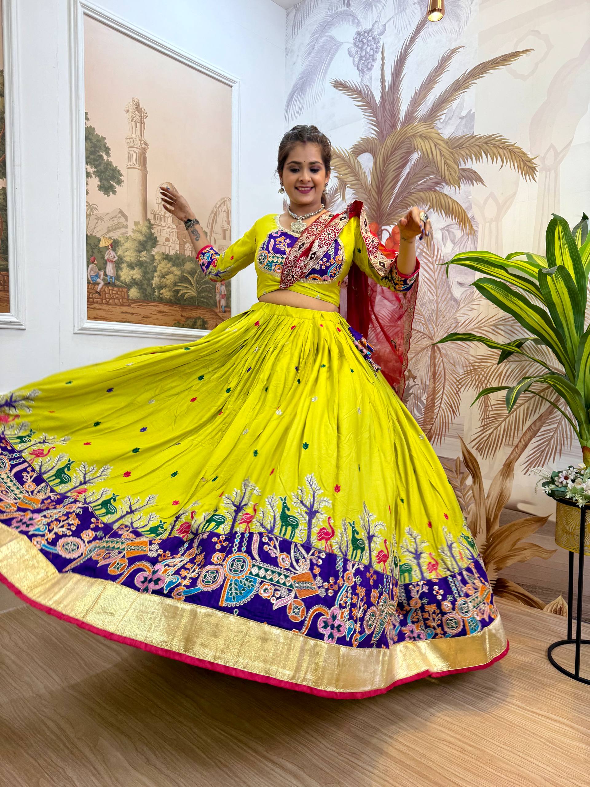 Garba Night Wear Yellow Color Embroidery Ready To Wear Lehenga Set