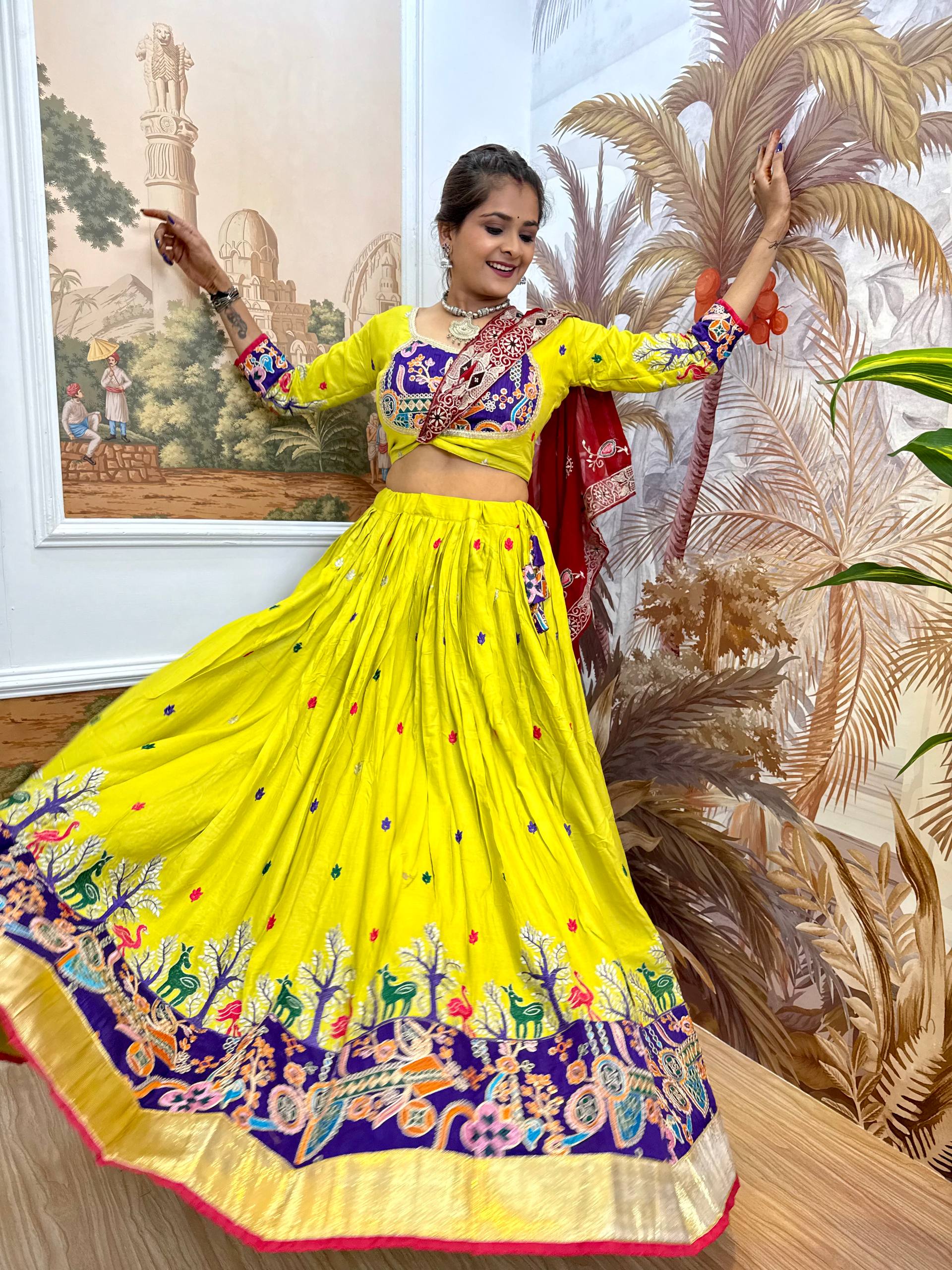 Garba Night Wear Yellow Color Embroidery Ready To Wear Lehenga Set