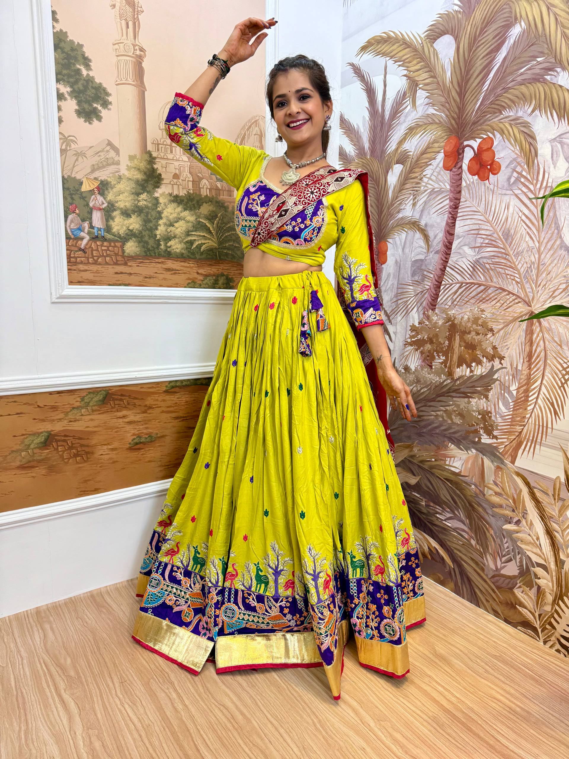 Garba Night Wear Yellow Color Embroidery Ready To Wear Lehenga Set