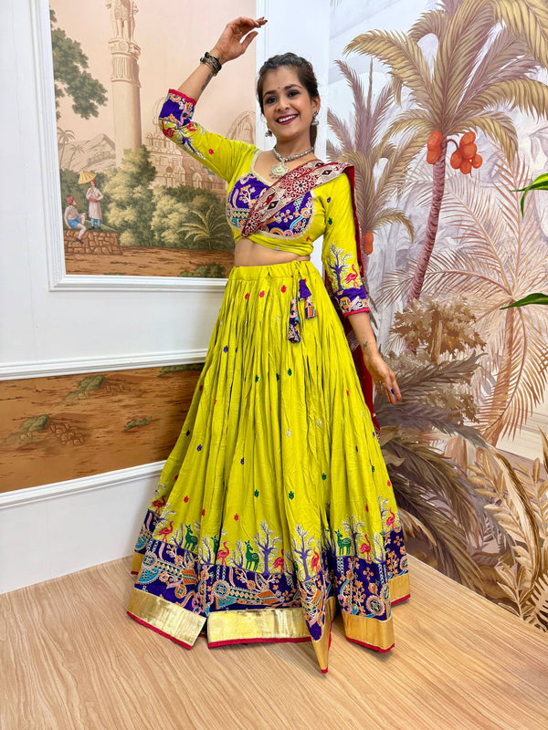 Garba Night Wear Yellow Color Embroidery Ready To Wear Lehenga Set