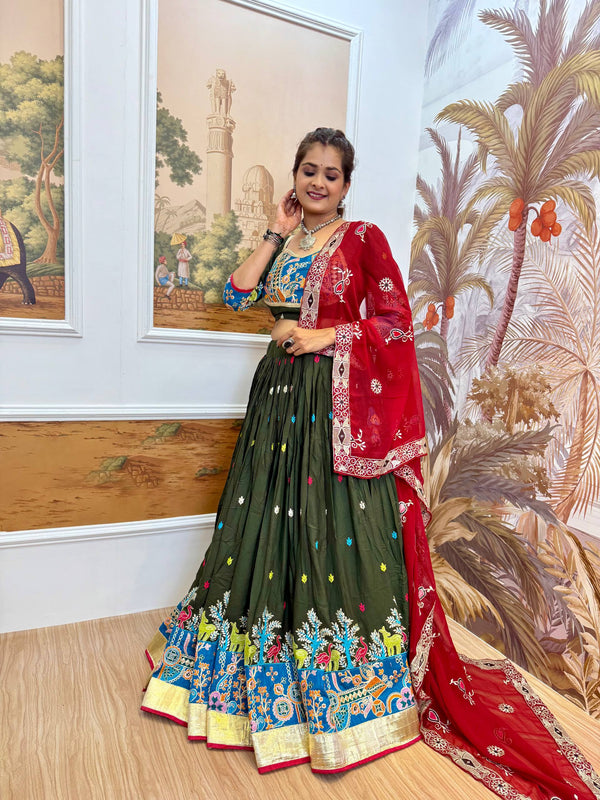 Garba Night Wear Mahendi Color Embroidery Ready To Wear Lehenga Set
