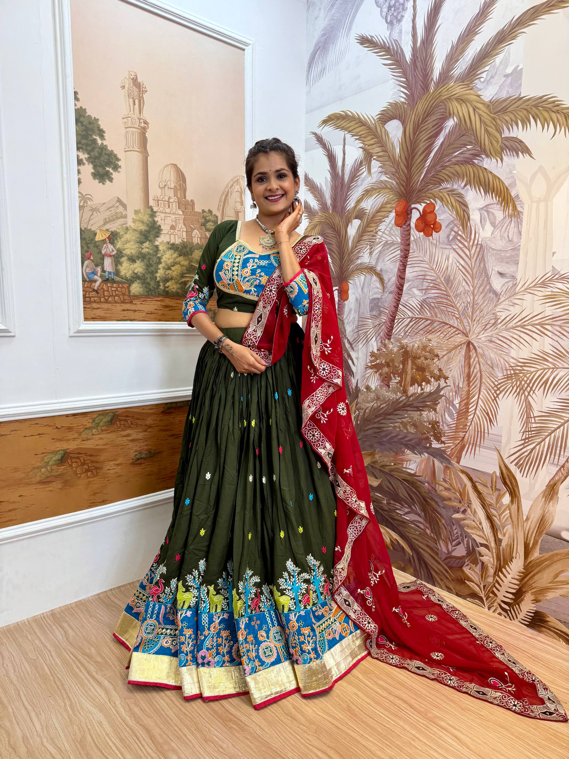 Garba Night Wear Mahendi Color Embroidery Ready To Wear Lehenga Set