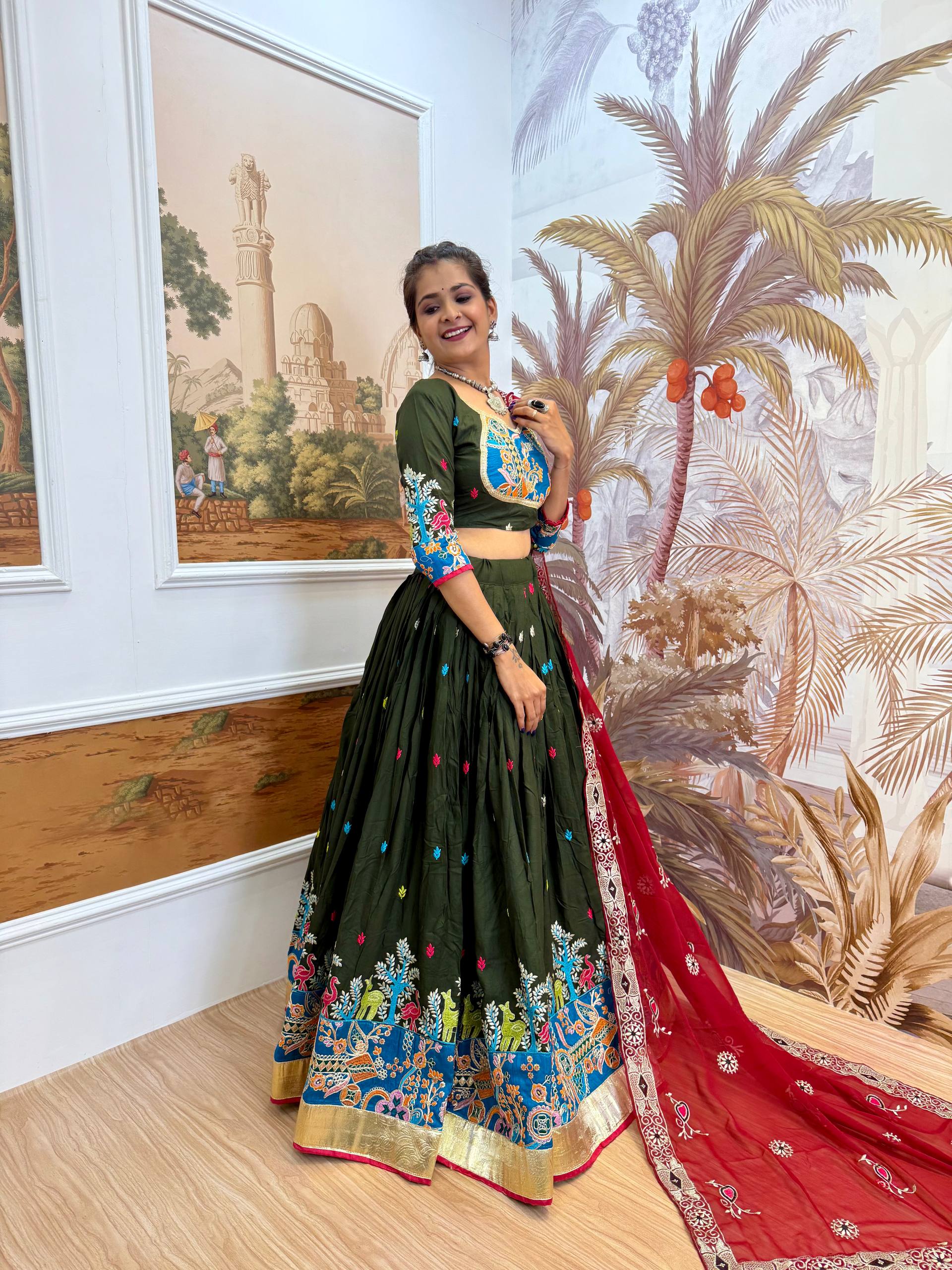 Garba Night Wear Mahendi Color Embroidery Ready To Wear Lehenga Set