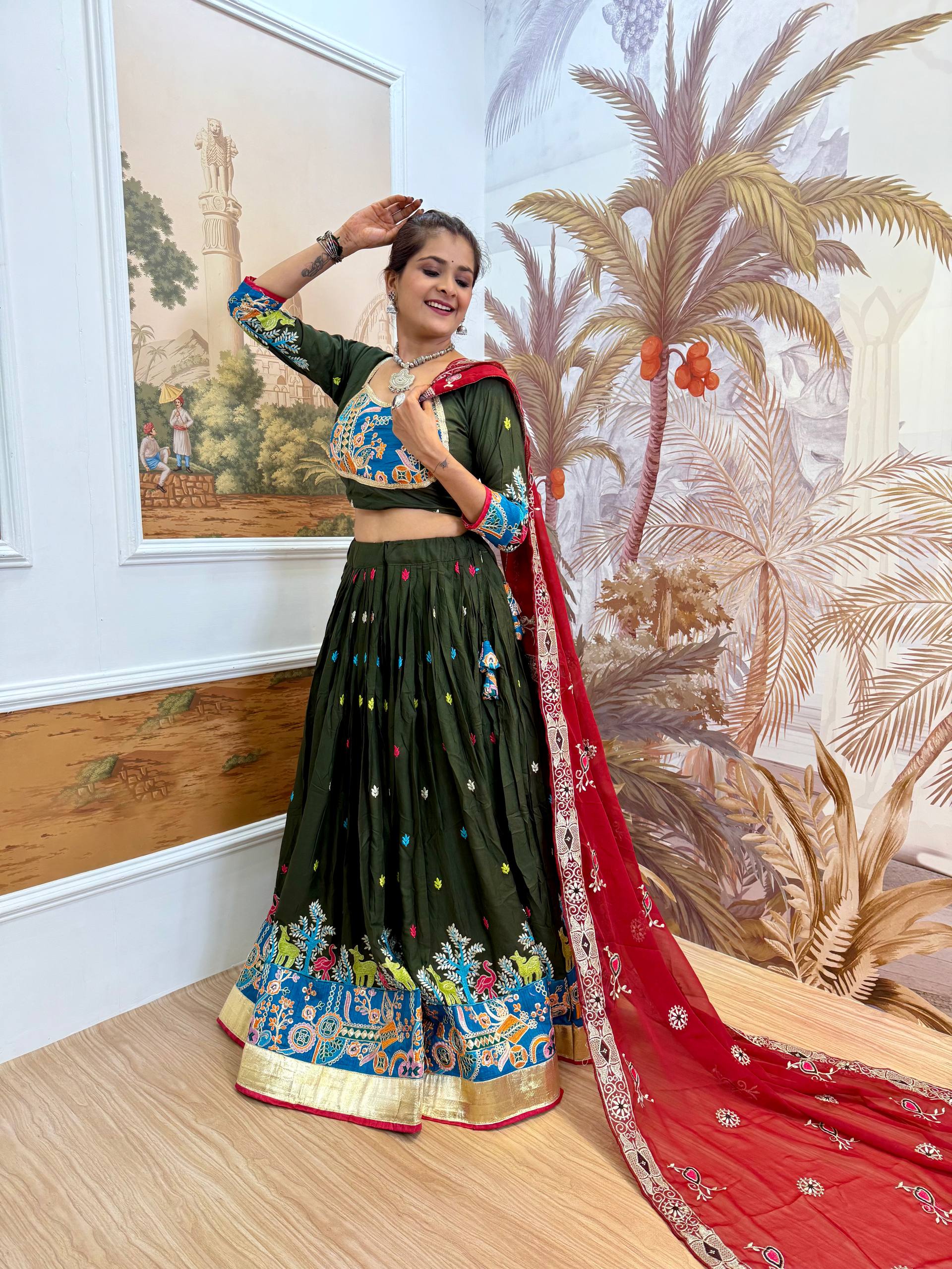 Garba Night Wear Mahendi Color Embroidery Ready To Wear Lehenga Set