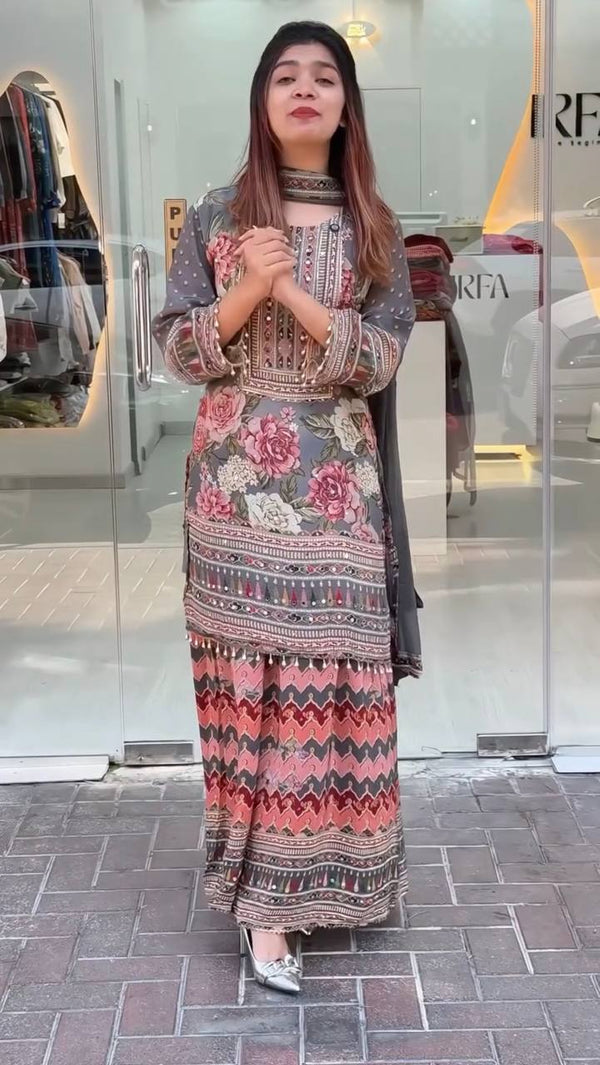 Imposing Multi Color Heavy Faux Georgette Digital Print With Real Mirror Hand Work Palazzo Suit