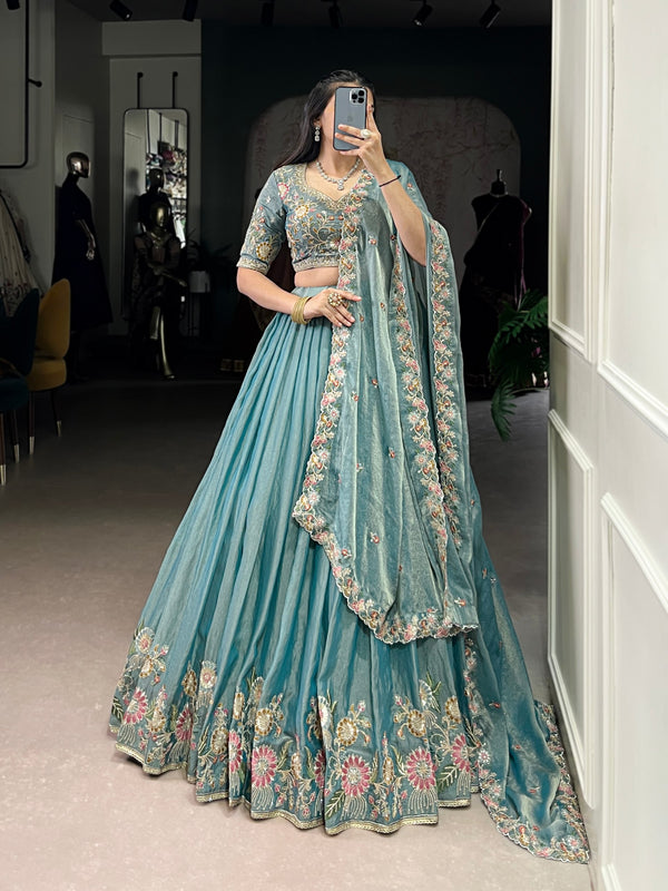Engagement Wear Light Green Color Zari Shimmer Designer Lehenga Choli