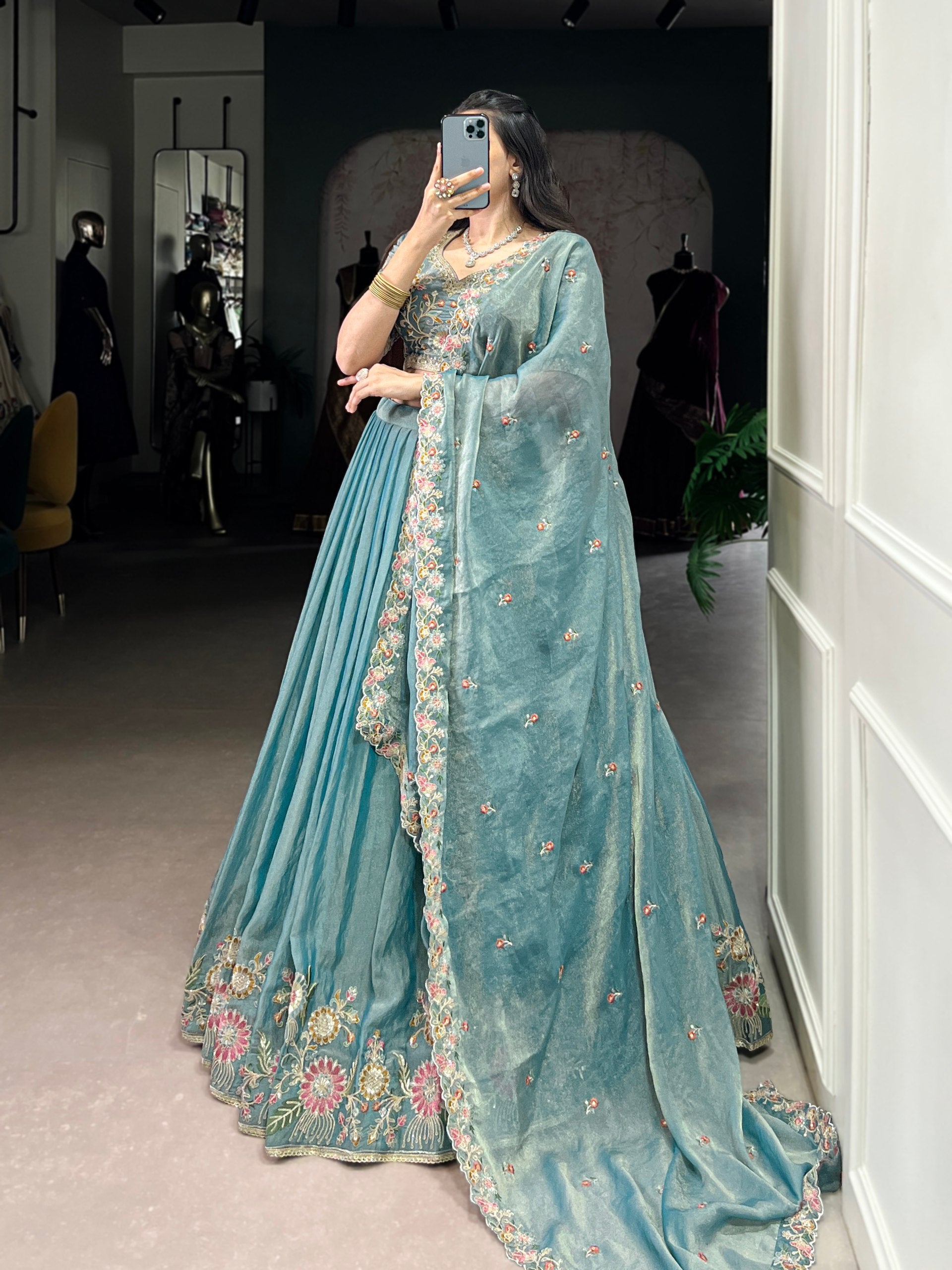 Engagement Wear Light Green Color Zari Shimmer Designer Lehenga Choli
