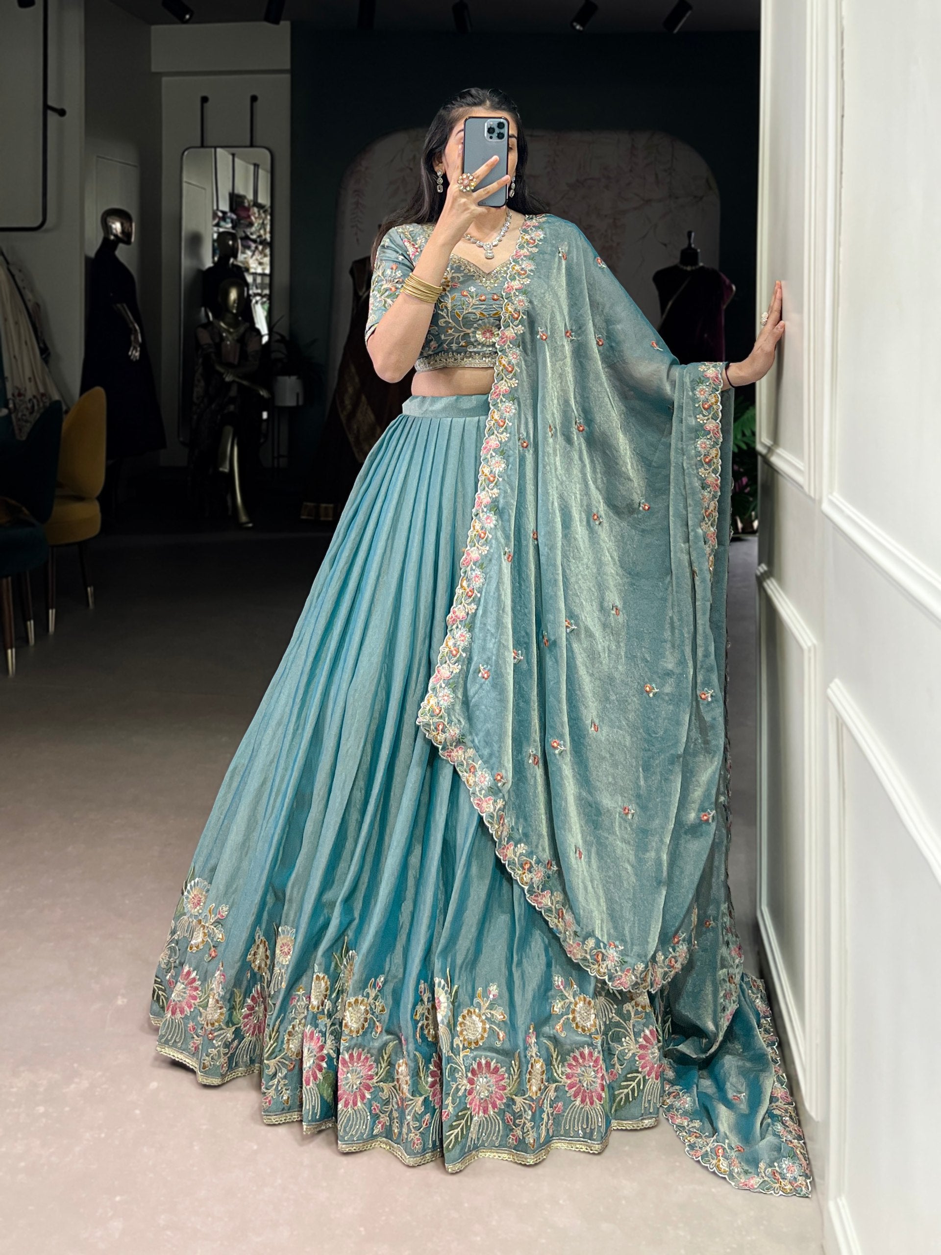 Engagement Wear Light Green Color Zari Shimmer Designer Lehenga Choli