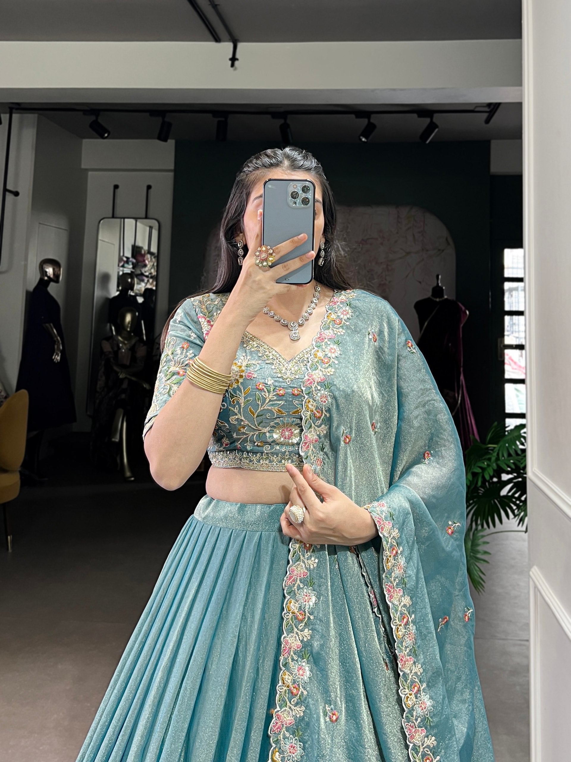 Engagement Wear Light Green Color Zari Shimmer Designer Lehenga Choli