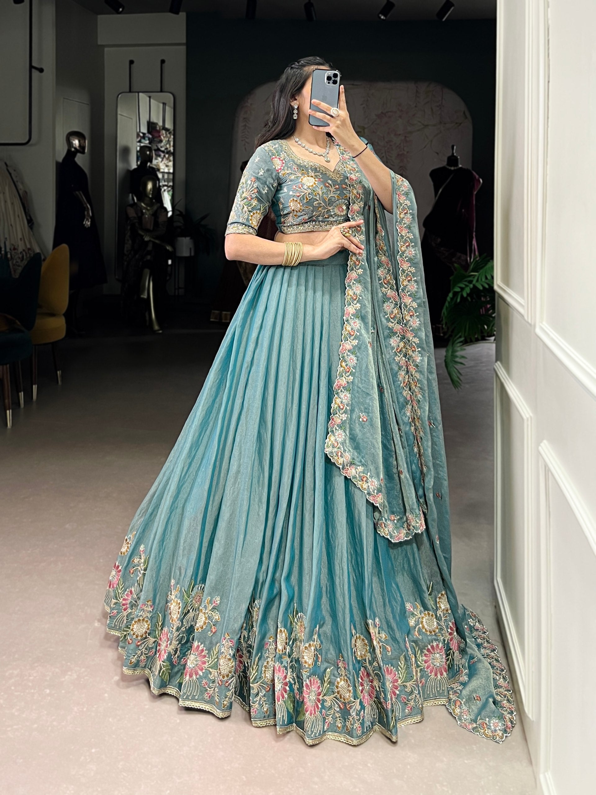 Engagement Wear Light Green Color Zari Shimmer Designer Lehenga Choli