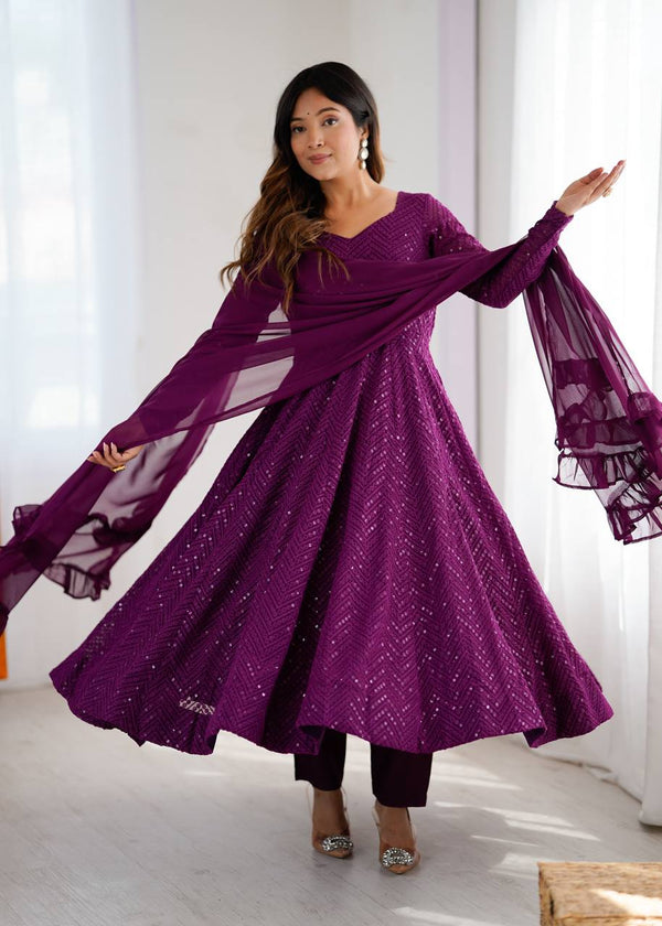 Designer Wine Color Sequins Work Anarkali Suit