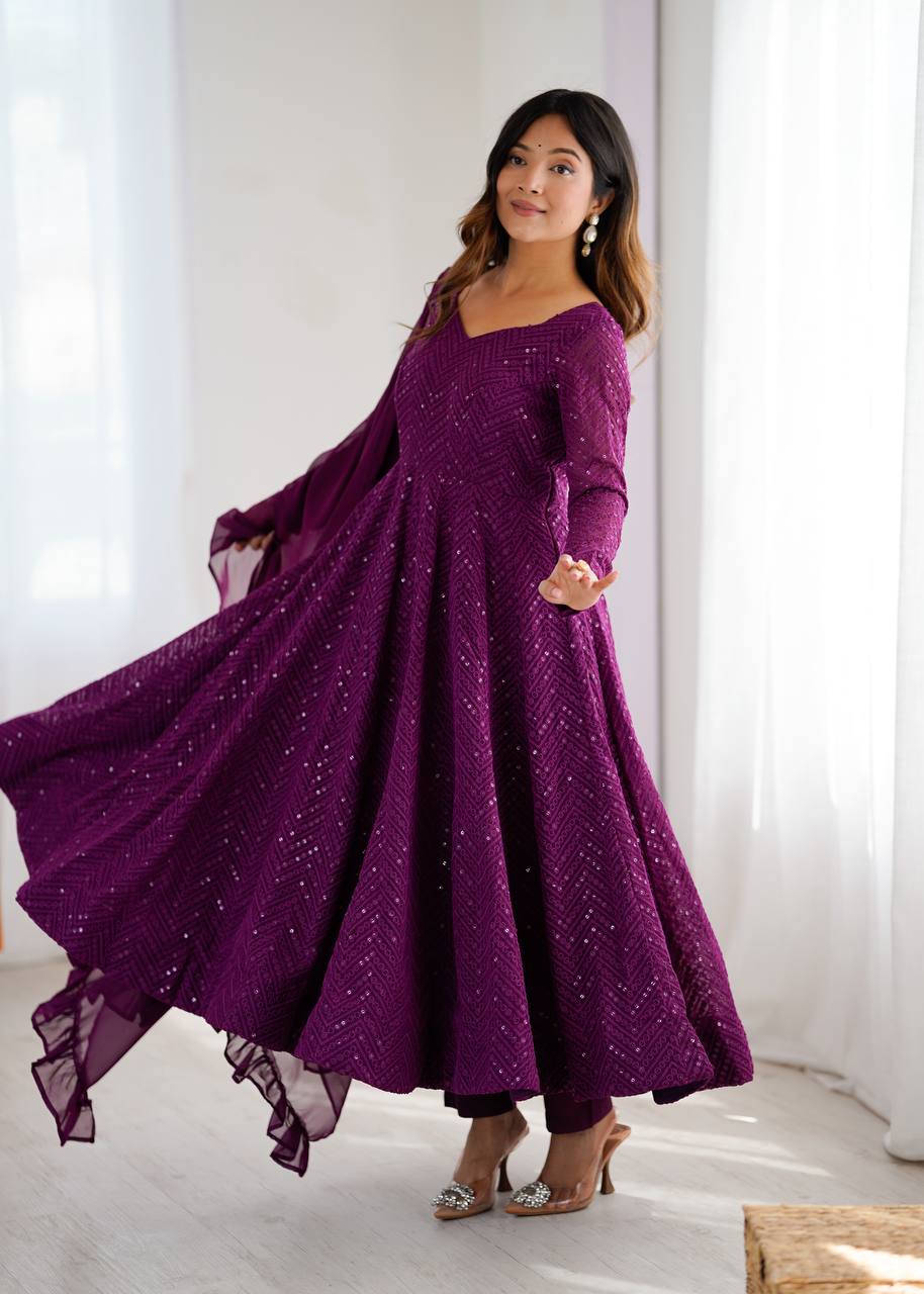 Designer Wine Color Sequins Work Anarkali Suit