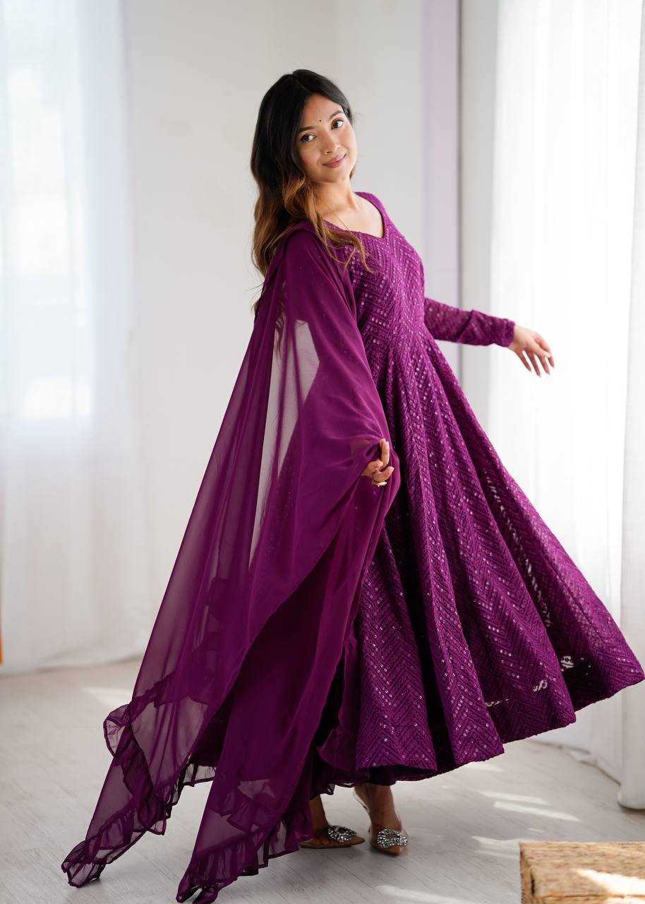 Designer Wine Color Sequins Work Anarkali Suit