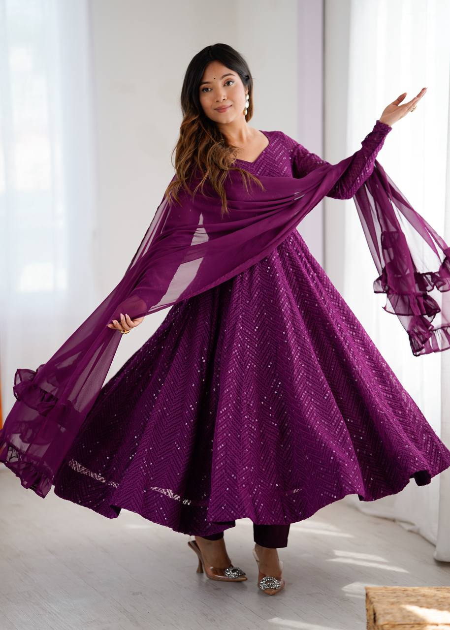 Designer Wine Color Sequins Work Anarkali Suit