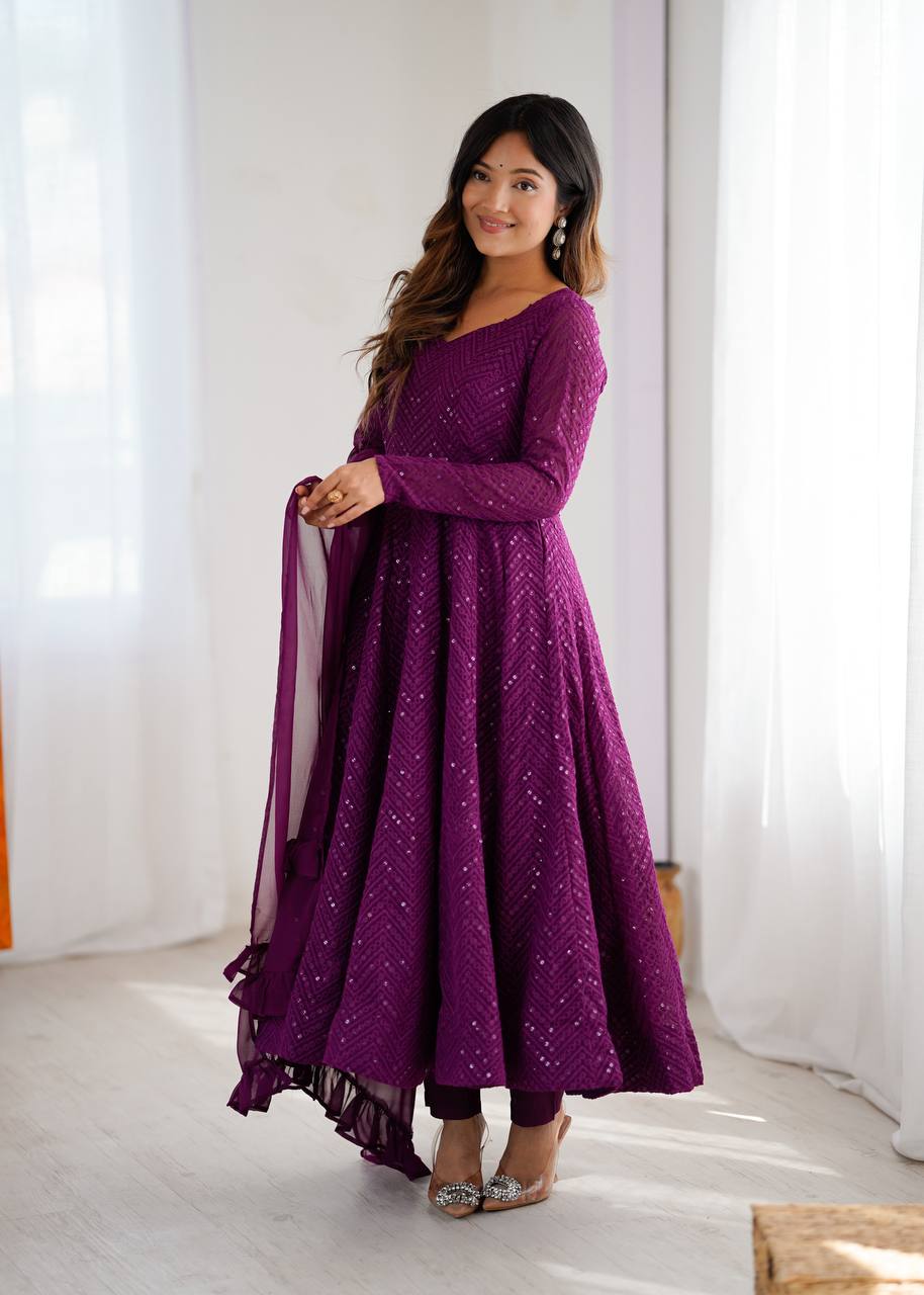 Designer Wine Color Sequins Work Anarkali Suit
