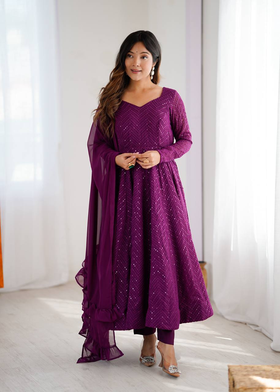 Designer Wine Color Sequins Work Anarkali Suit