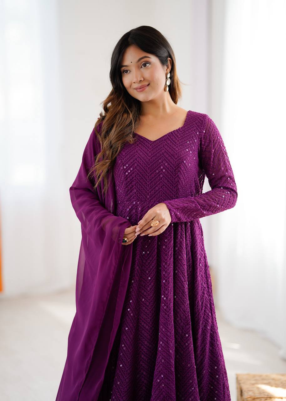 Designer Wine Color Sequins Work Anarkali Suit