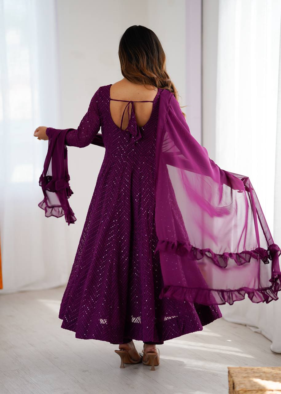 Designer Wine Color Sequins Work Anarkali Suit