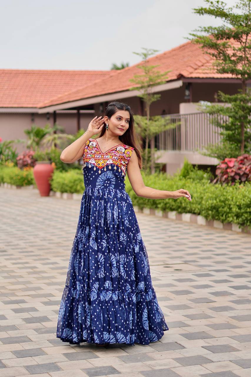 Navratri Special Blue Color Gamathi Work Gown