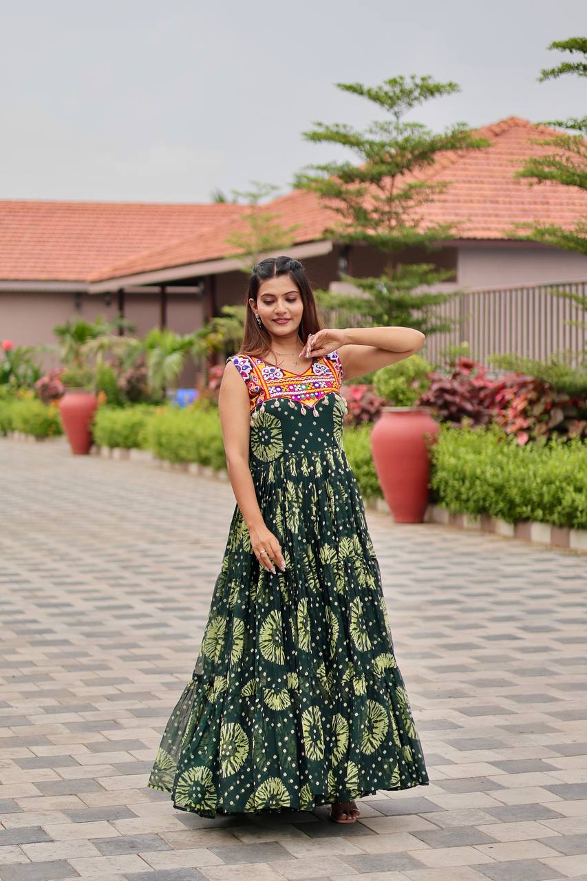 Navratri Special Green Color Gamathi Work Gown