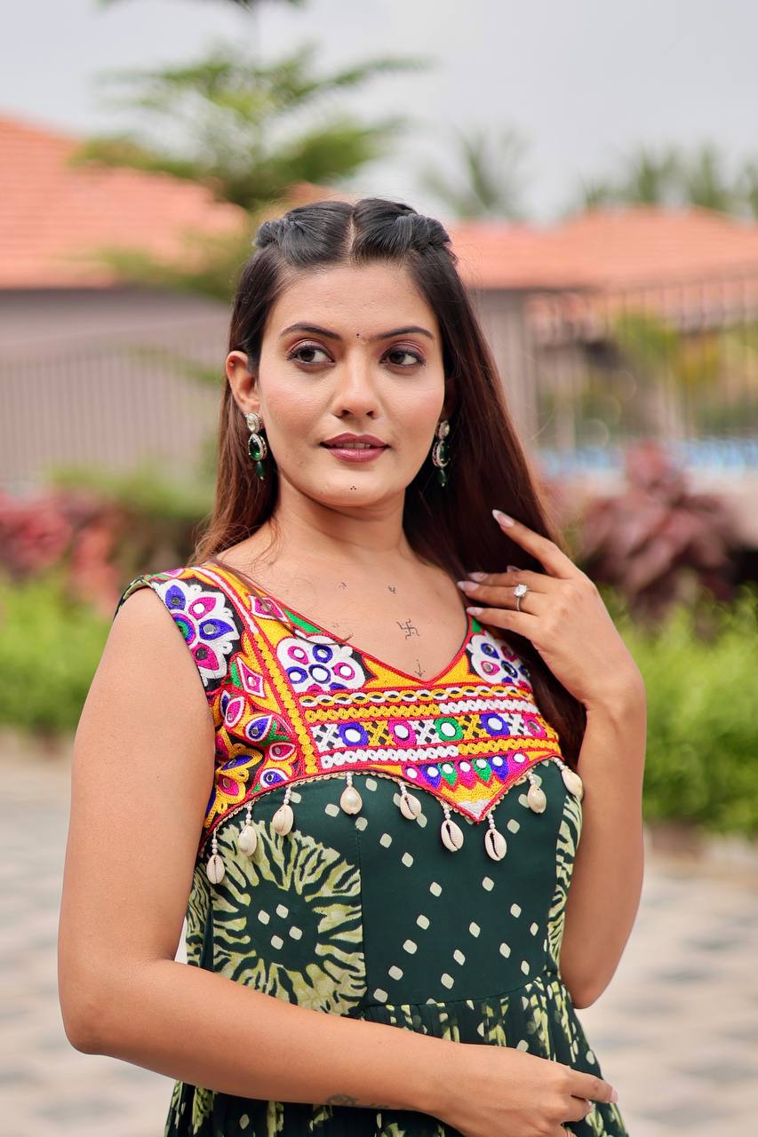 Navratri Special Green Color Gamathi Work Gown