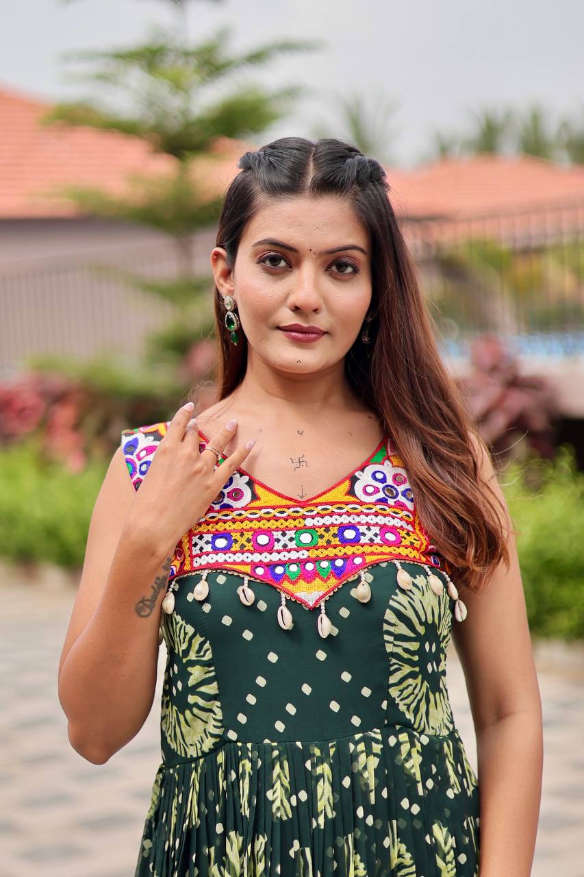 Navratri Special Green Color Gamathi Work Gown
