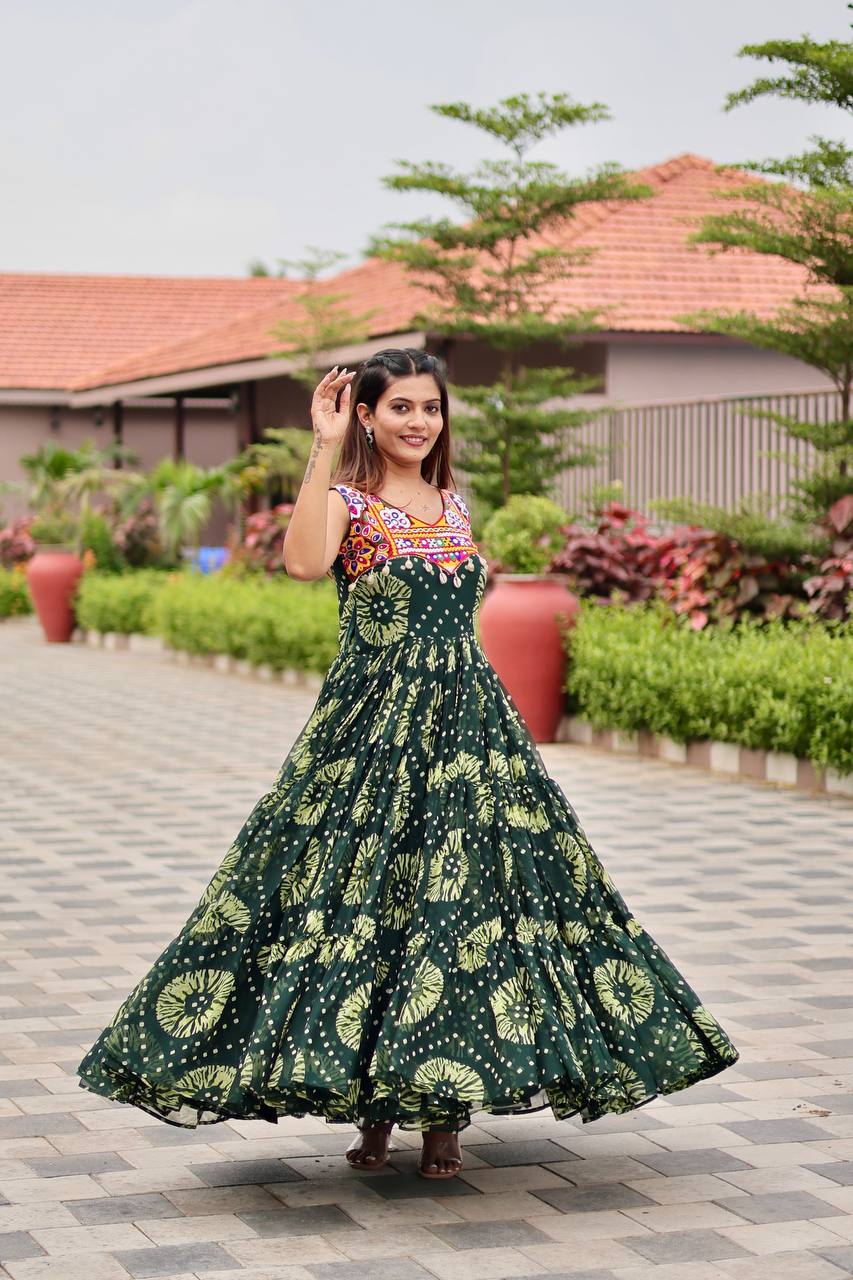Navratri Special Green Color Gamathi Work Gown