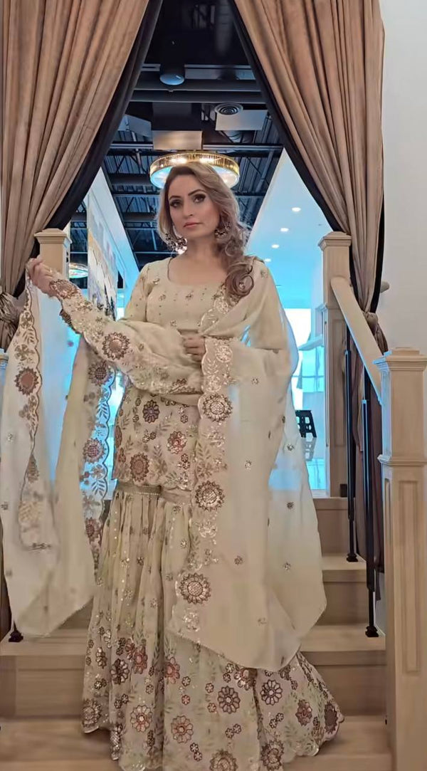 Wedding Wear Off White Color Embroidered Designer Sharara Suit