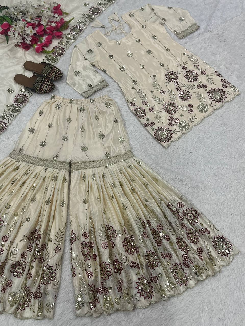 Wedding Wear Off White Color Embroidered Designer Sharara Suit