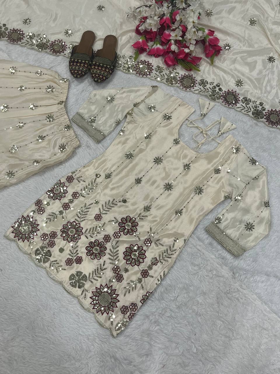 Wedding Wear Off White Color Embroidered Designer Sharara Suit