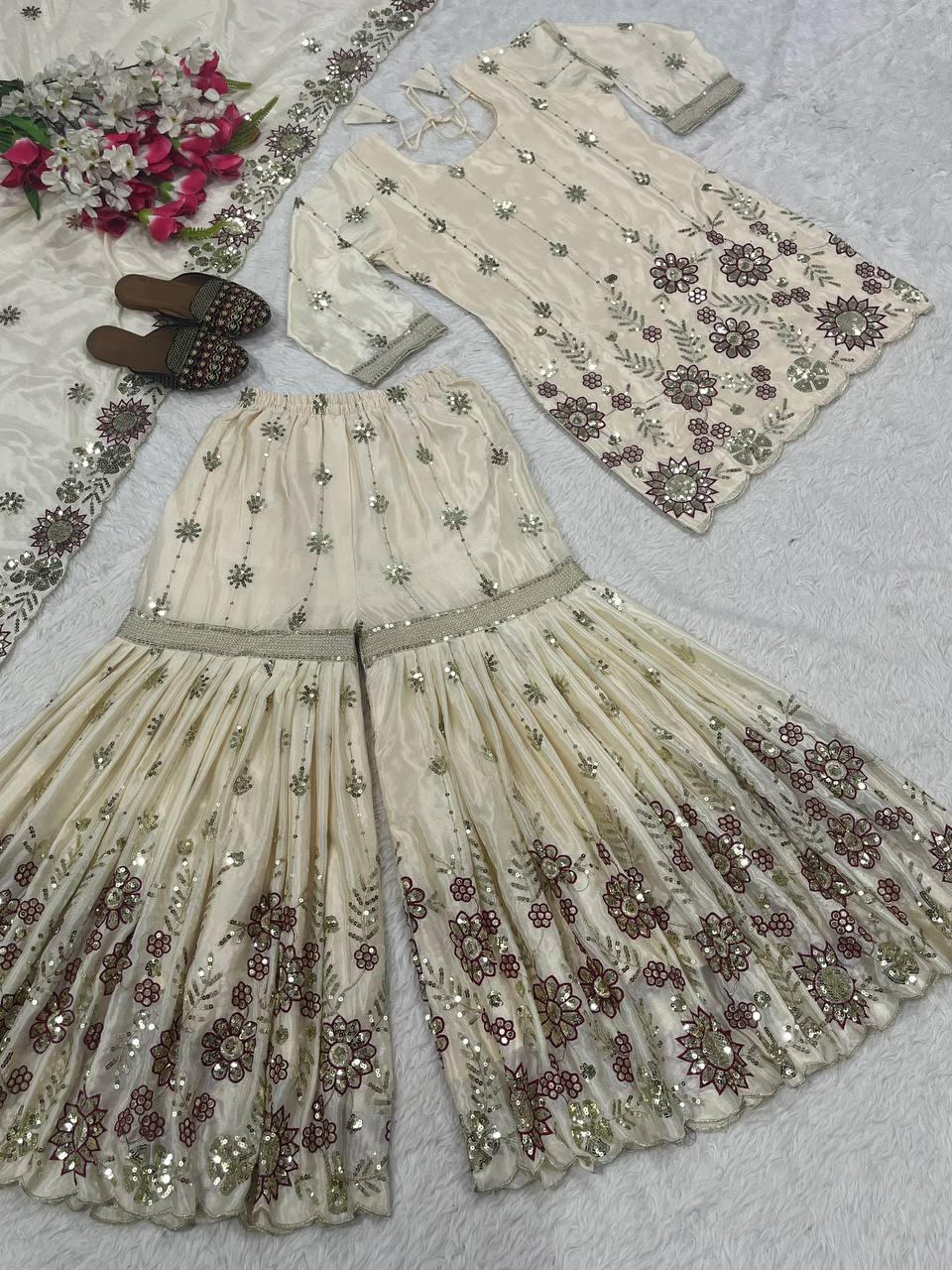 Wedding Wear Off White Color Embroidered Designer Sharara Suit