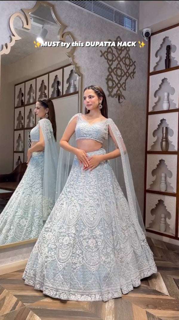 Designer Grey Color Embroidered Wedding Wear Lehenga Choli