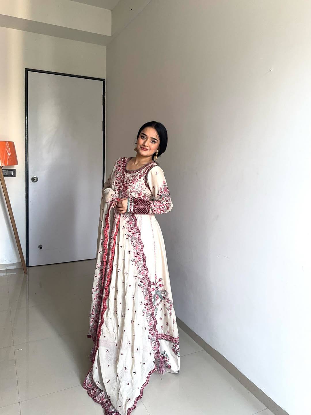 Receptions Wear Off White Color Full Embroidery Work Designer Anarkali Gown Set