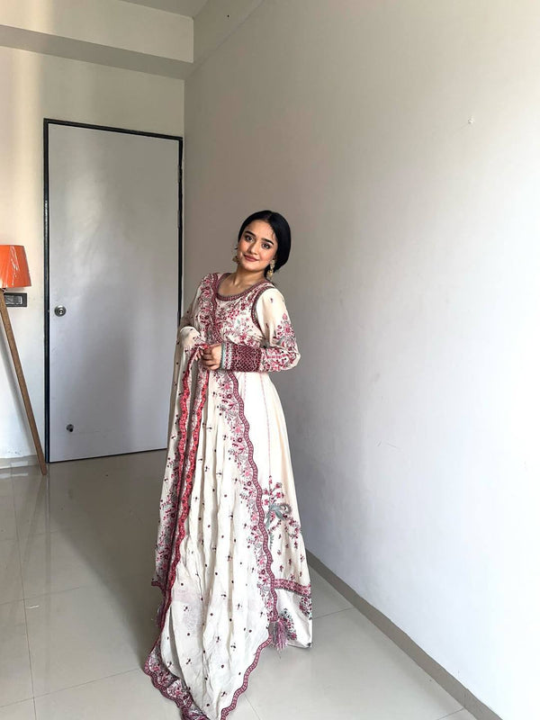 Receptions Wear Off White Color Full Embroidery Work Designer Anarkali Gown Set