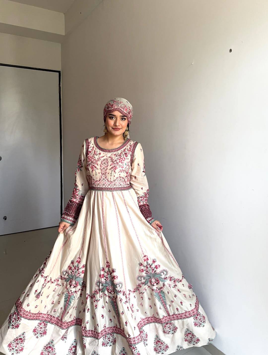 Receptions Wear Off White Color Full Embroidery Work Designer Anarkali Gown Set
