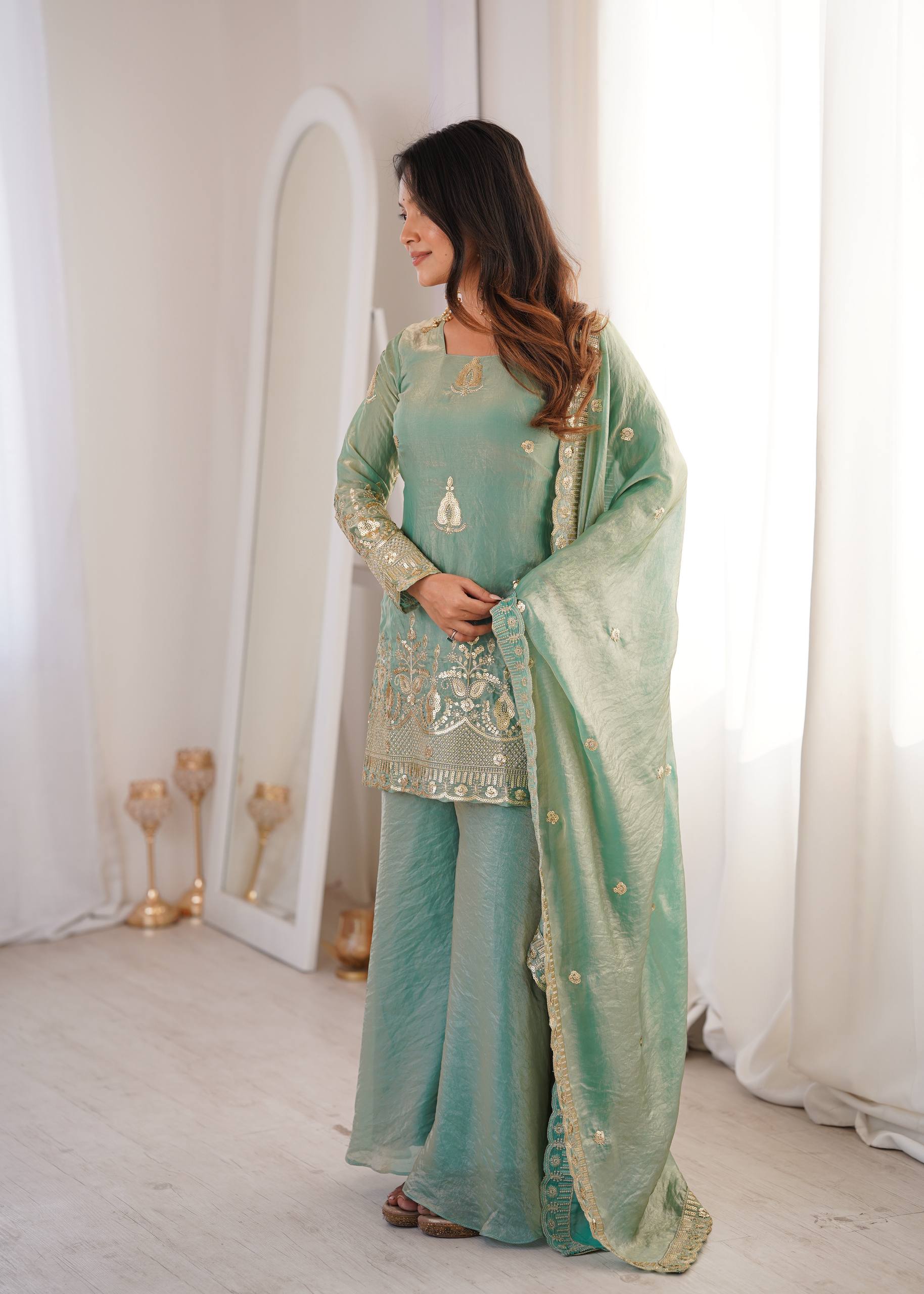 Arti Chauhan Wear Aqua Green Color Fendy Silk Sequin Work Sharara Suit ...