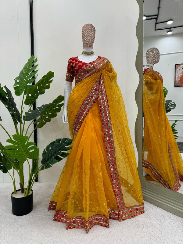 Function Wear Yellow Color Heavy Organza Silk Sequence With Thread Work Saree