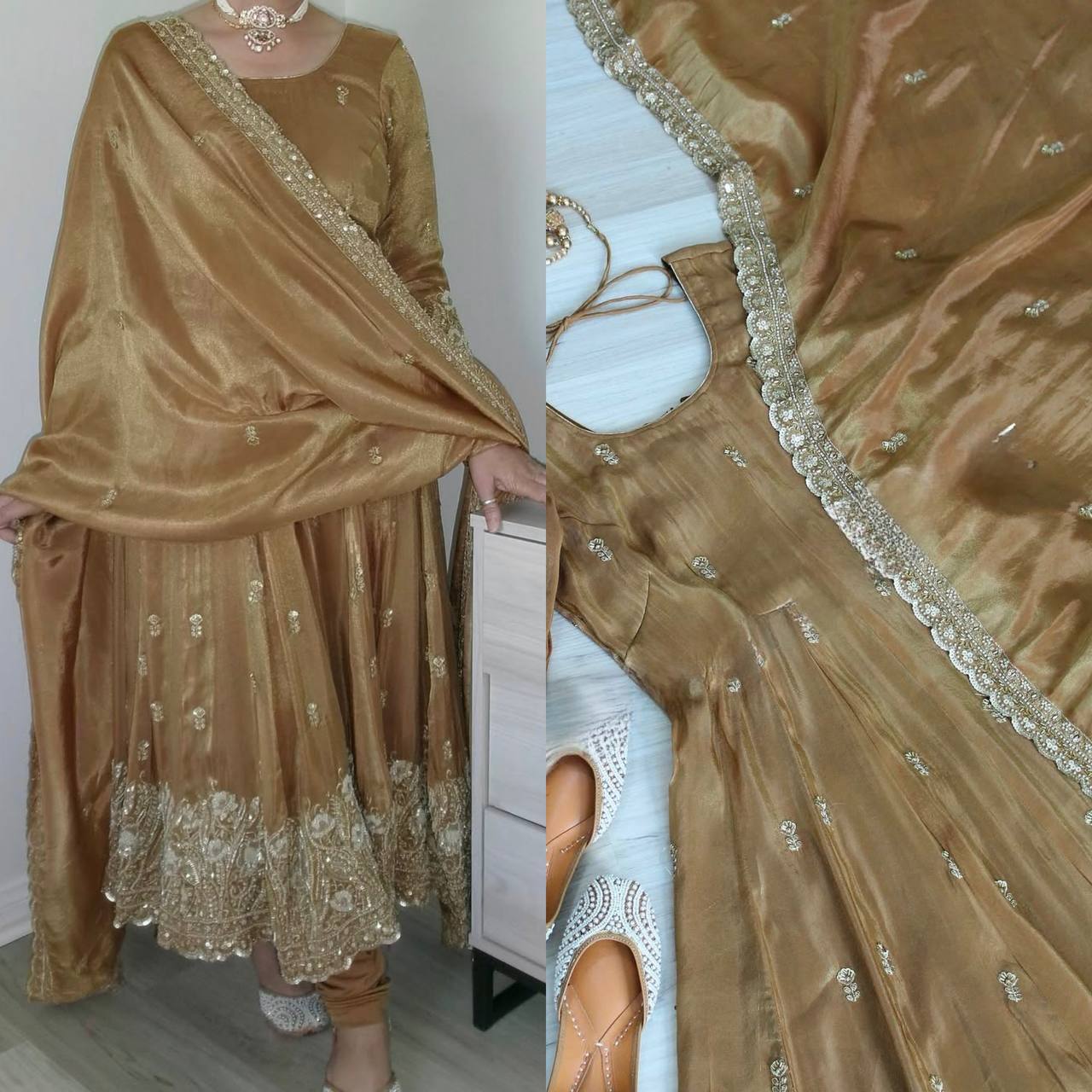 Exclusive Beige Color Pure Jimmy Choo With Sequence And Embroidery Work Anarkali Suit