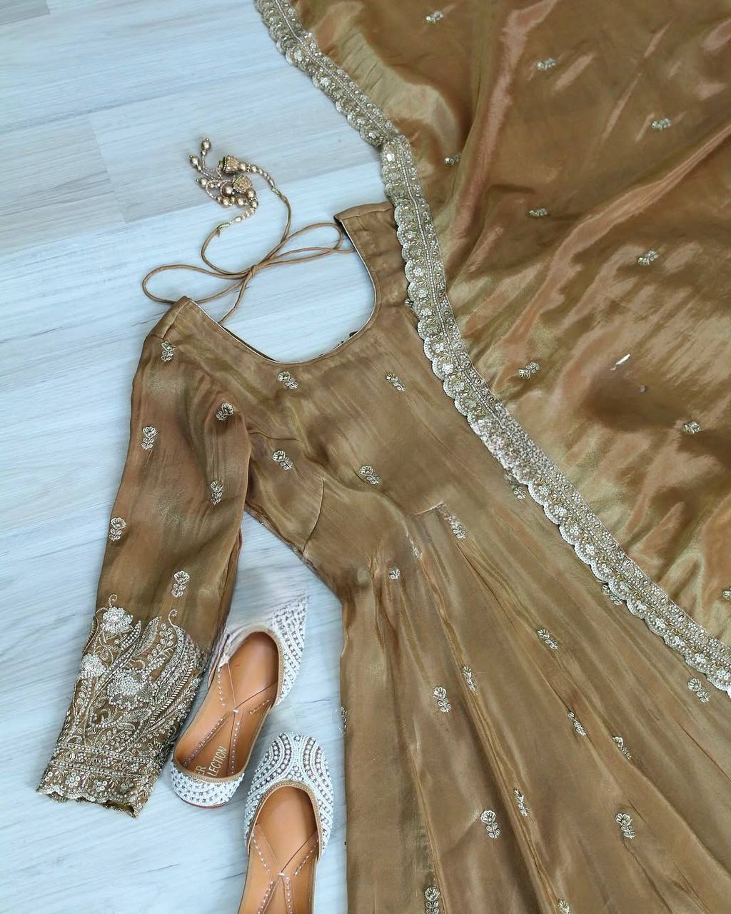 Exclusive Beige Color Pure Jimmy Choo With Sequence And Embroidery Work Anarkali Suit