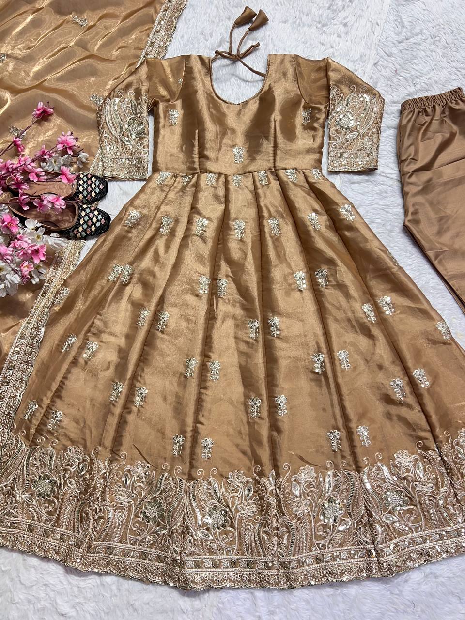 Exclusive Beige Color Pure Jimmy Choo With Sequence And Embroidery Work Anarkali Suit