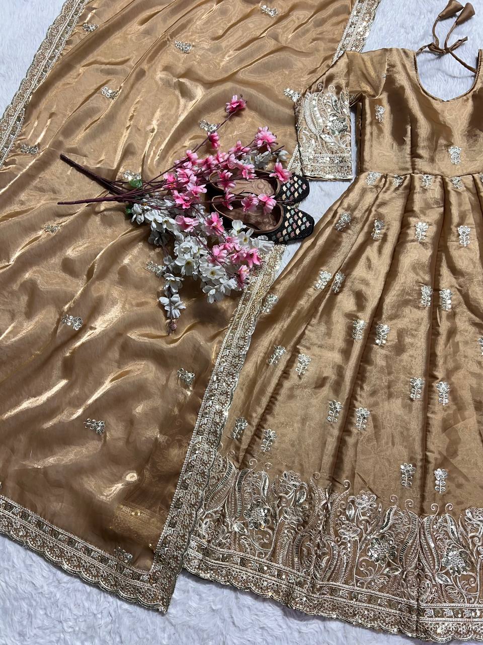 Exclusive Beige Color Pure Jimmy Choo With Sequence And Embroidery Work Anarkali Suit