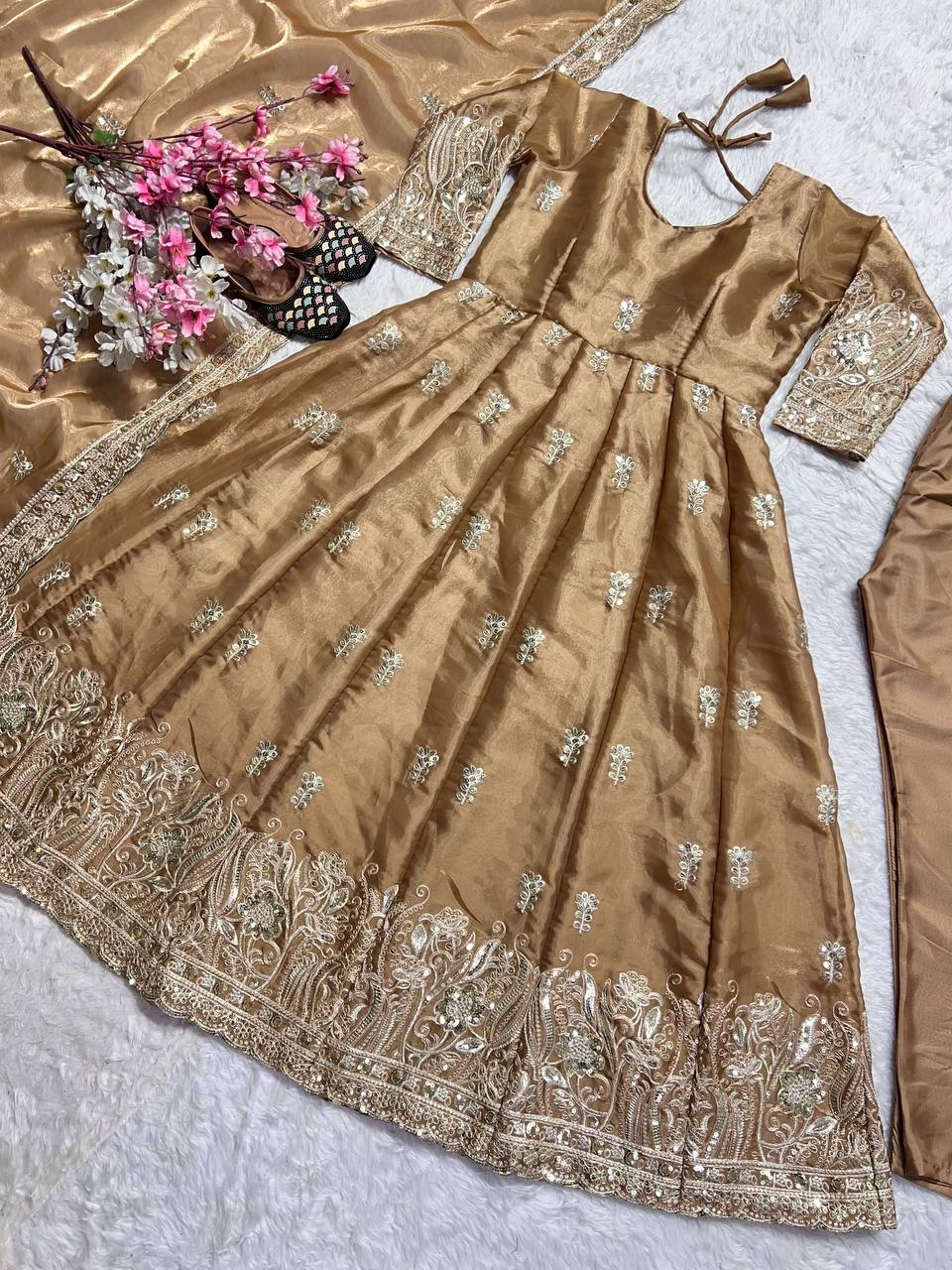 Exclusive Beige Color Pure Jimmy Choo With Sequence And Embroidery Work Anarkali Suit