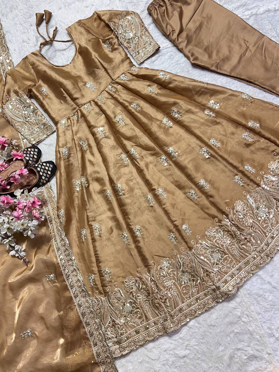 Exclusive Beige Color Pure Jimmy Choo With Sequence And Embroidery Work Anarkali Suit